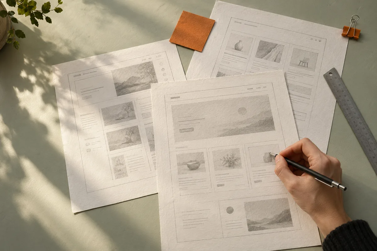 Conceptual design study with paper website layouts, a pencil and material swatches